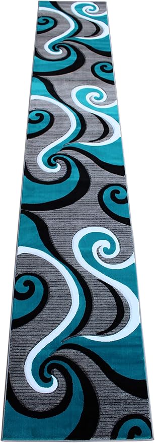 Masada Rugs Sophia Collection Hand Carved Long Runner Area Rug Modern Contemporary Turquoise Grey White Black (2 Feet 8 Inch X 15 Feet 6 Inch) Runner