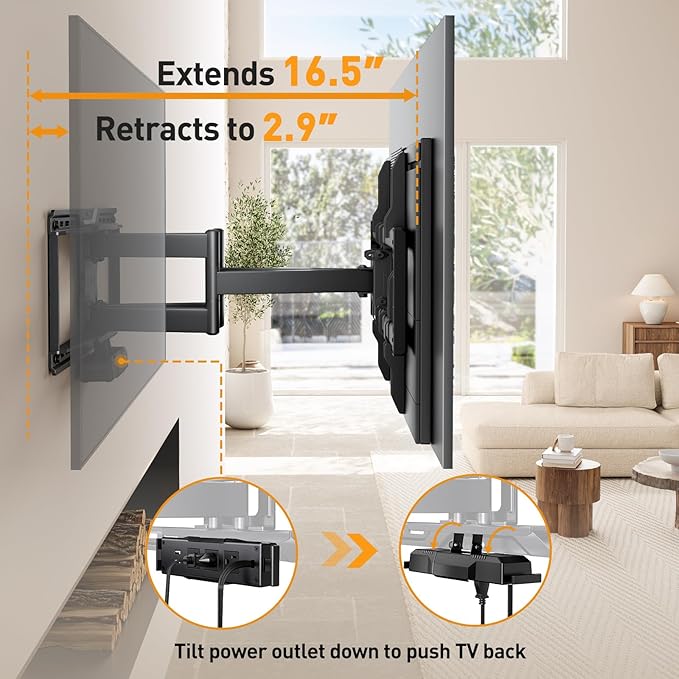 Perlegear Full Motion TV Wall Mount with Power Strip for 42–90 Inch TVs up to 150 lbs, Pre-Assembled TV Mount Has Smooth Swivel, Tilt, Extension, Max VESA 600x400mm, 12“/16”/24” Wood Studs, PGLF11