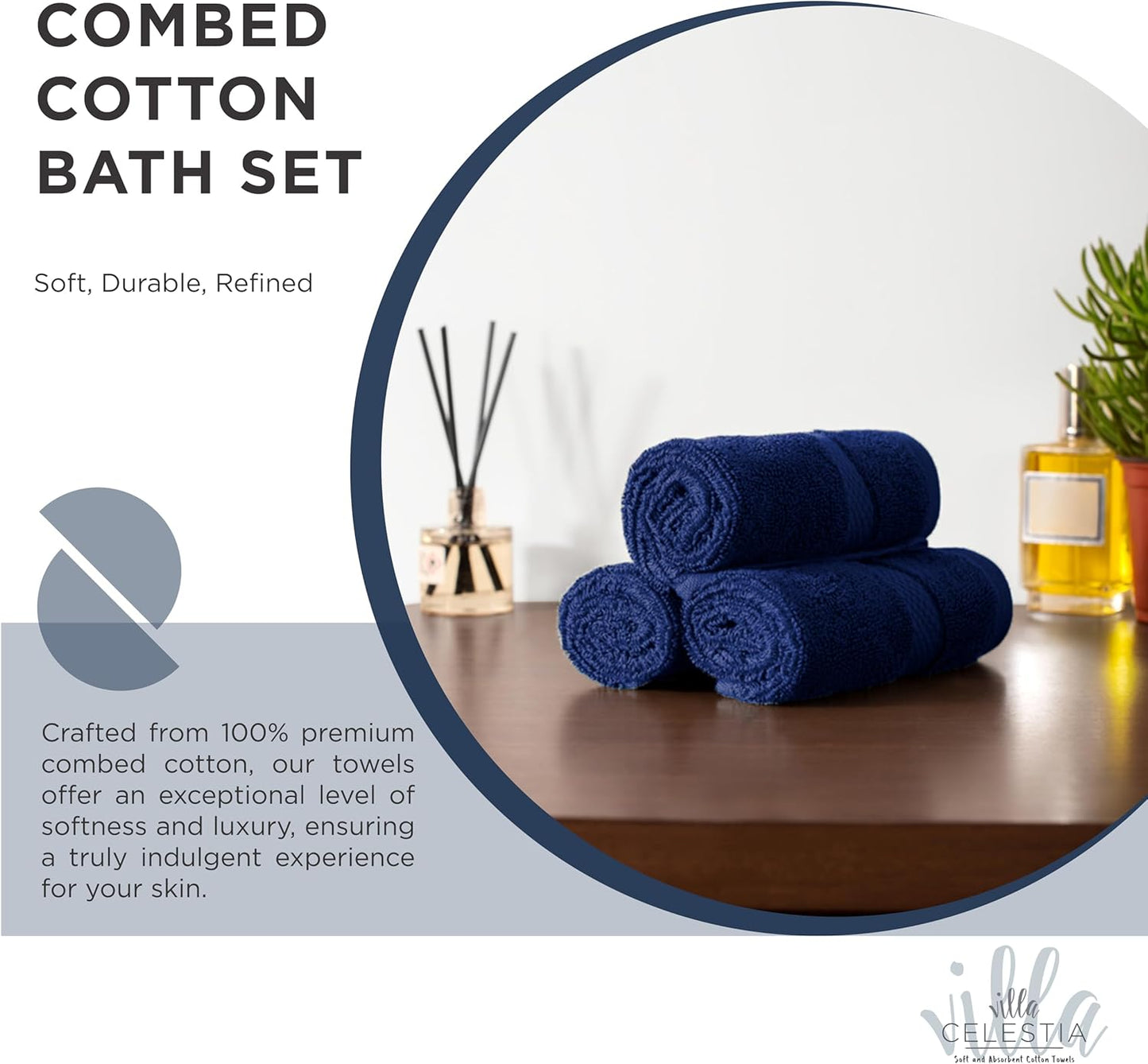100% Combed Cotton Bathroom Towel Set of 6- 2 Bath Towels, 2 Hand Towels, 2 Wash Cloths, Sustainable, Soft, Highly Absorbent 6 Piece Cotton Bath Towel Set for Hotels, Spa, Bathroom, Dorm, Navy Blue