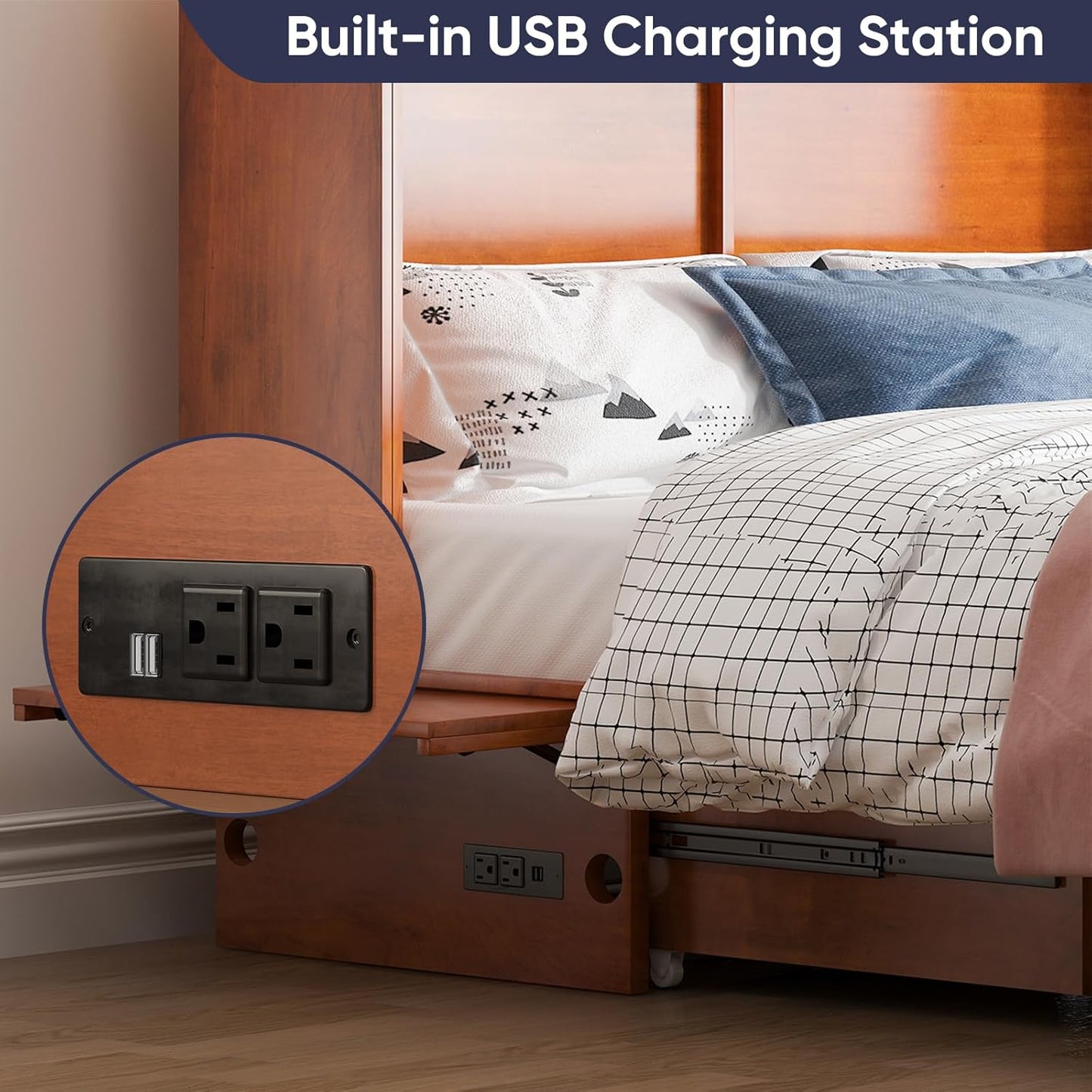 ijuicy Chest Murphy Bed Queen, Murphy Cube Cabinet Bed with 3 Level Foldable Memory Foam Mattress, 2 Large Drawers and Charging Station for Guests Room/Bedroom(Caramel Red)