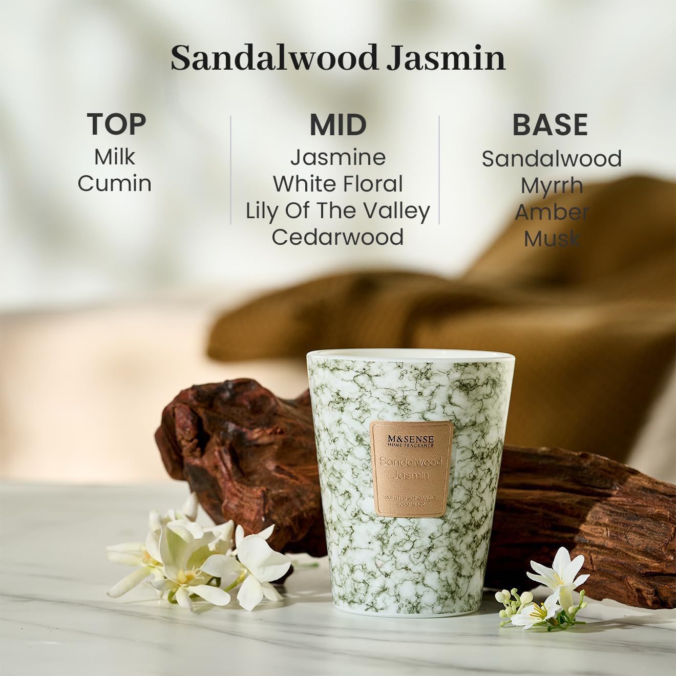 M&SENSE SandalWood Jasmine Scented Candles for Home, Lead-free Wick Highly Scented Jar Candles, 14.1 Oz 80 Hours Lasting Burning Candles Gifts for Women, Relaxing Aromatherapy Candle for Stress Relief