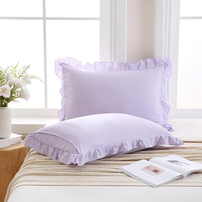 Merryword Lilac Purple Pillow Shams Soft Ruffle Standard Pillowcases Cute Pillow Cover Set of 2 Shabby Chic Soft Microfiber Pillowcases 2 Pack
