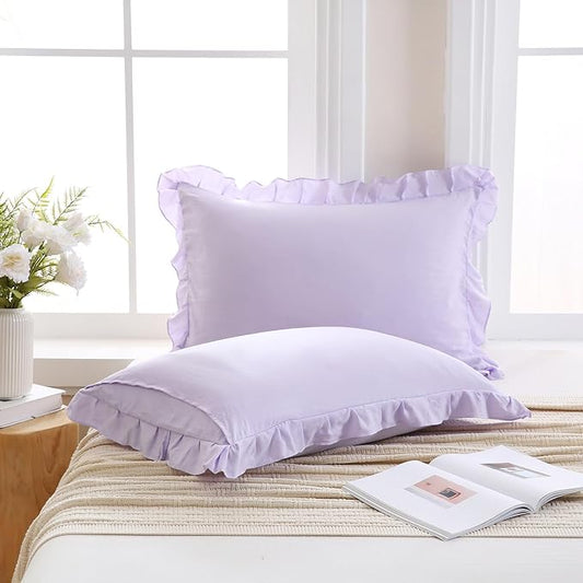 Merryword Lilac Purple Pillow Shams Soft Ruffle Standard Pillowcases Cute Pillow Cover Set of 2 Shabby Chic Soft Microfiber Pillowcases 2 Pack