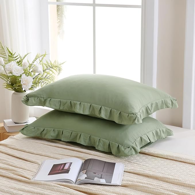 Merryword Avocado Green Pillowcases King Size Ruffled Pillow Shams Set of 2 Cute Pillowcases Solid Green Shabby Chic Pillow Cover 2 Pack