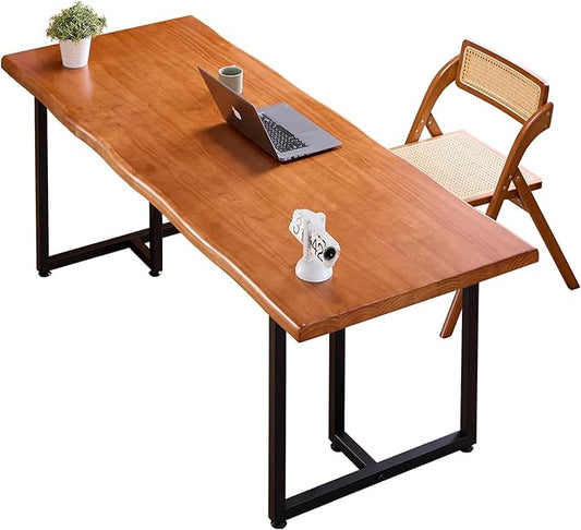 Solid Wood Administrative Desk, Dining Table with Durable Metal Legs, Uniquely Designed Leisure Table, Perfect for Restaurants and Home Offices, (Wood Brown, 62.99in)