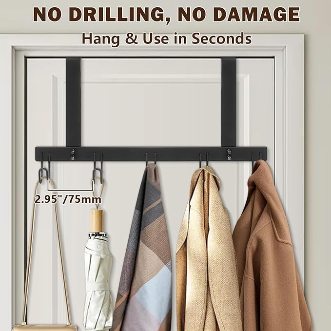 Over The Door Hooks, No Drill Door Towels Hanger, Metal Hanging Towel Holder with 5 Coat Hooks for Bathroom, Bedroom, Kitchen (Matte Black)