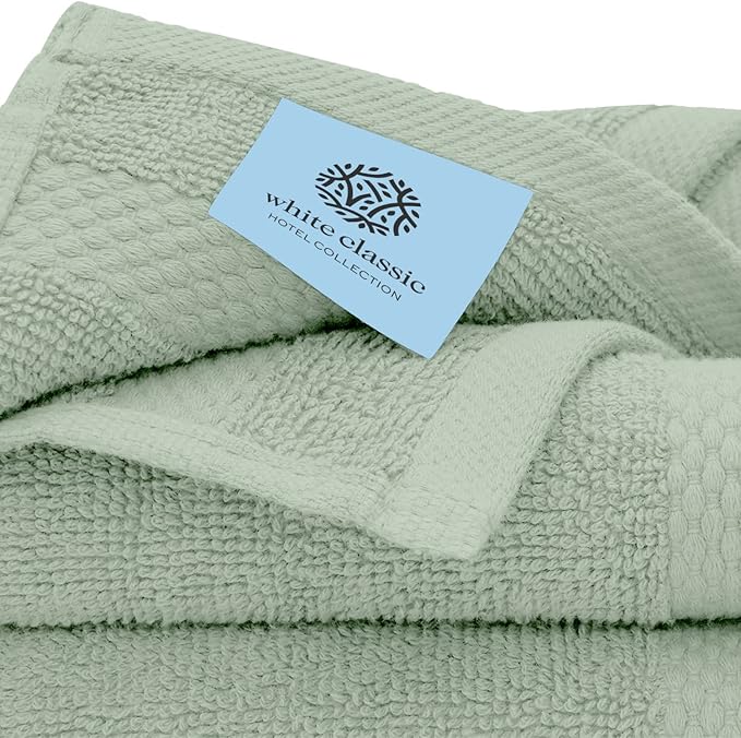 White Classic Luxury Bath Towel Set of 8 Pieces - 100% Turkish Cotton Highly Absorbent Towels for Bathroom, 2 Luxury Bath Towels 700GSM, 2 Hand Towels, 4 Washcloths, Green