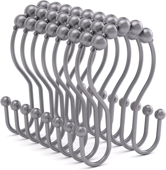 Shower Curtain Hooks, Shower Curtain Rings Rust Proof Double Hook Shower Curtain Hooks, 12 Pcs Grey Shower Hooks for Shower Curtain, Shower Rings for Curtain, Metal Shower Rod Hooks
