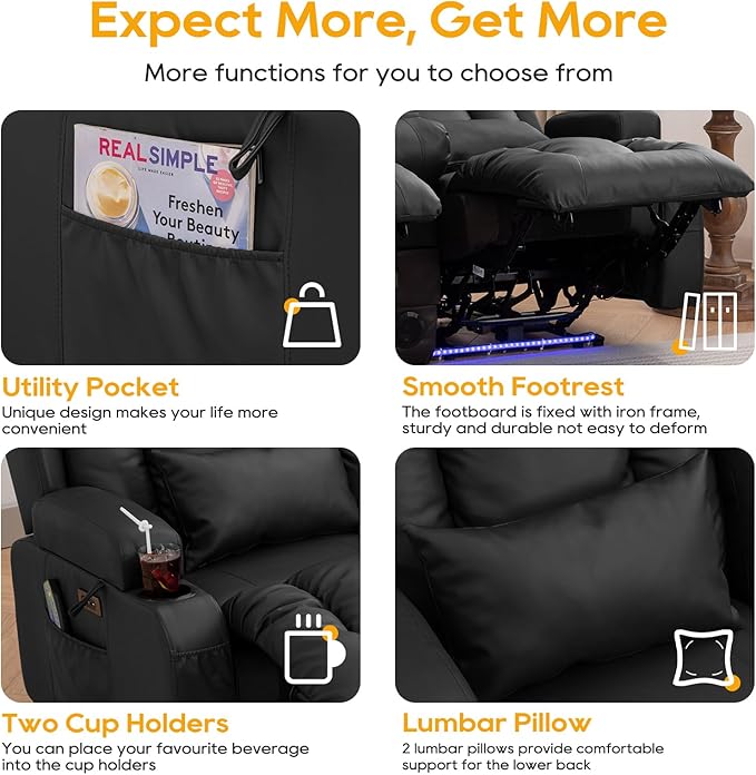 IPKIG 54" Power Loveseat Recliner Sofa, Electric Home Theater Seating with Massage Heat/4 Colors Ambient Lights/USB Port/Side Pocket/Cup Holder for Living Room, Bedroom, Home (Black, 2 Seater)