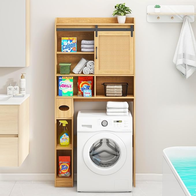 Over The Toilet Storage Cabinet, Farmhouse Rattan Storage Cabinet Over Toilet with Sliding Doors & Toilet Paper Holder Stand, Home Space-Saving Toilet Rack, for Bathroom, Laundry(Rattan Oak).