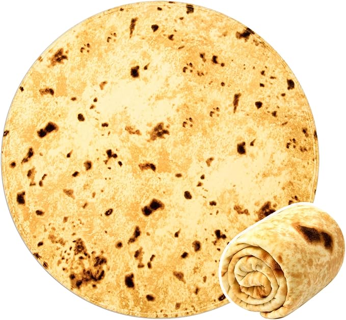 Vessia Burritos Tortilla Bed Blanket (Yellow, 80inches), Giant Realistic Funny Food Blanket for Adults and Teenagers, Novelty Double Sided Round Tortilla Wrap Home Decor for All Seasons