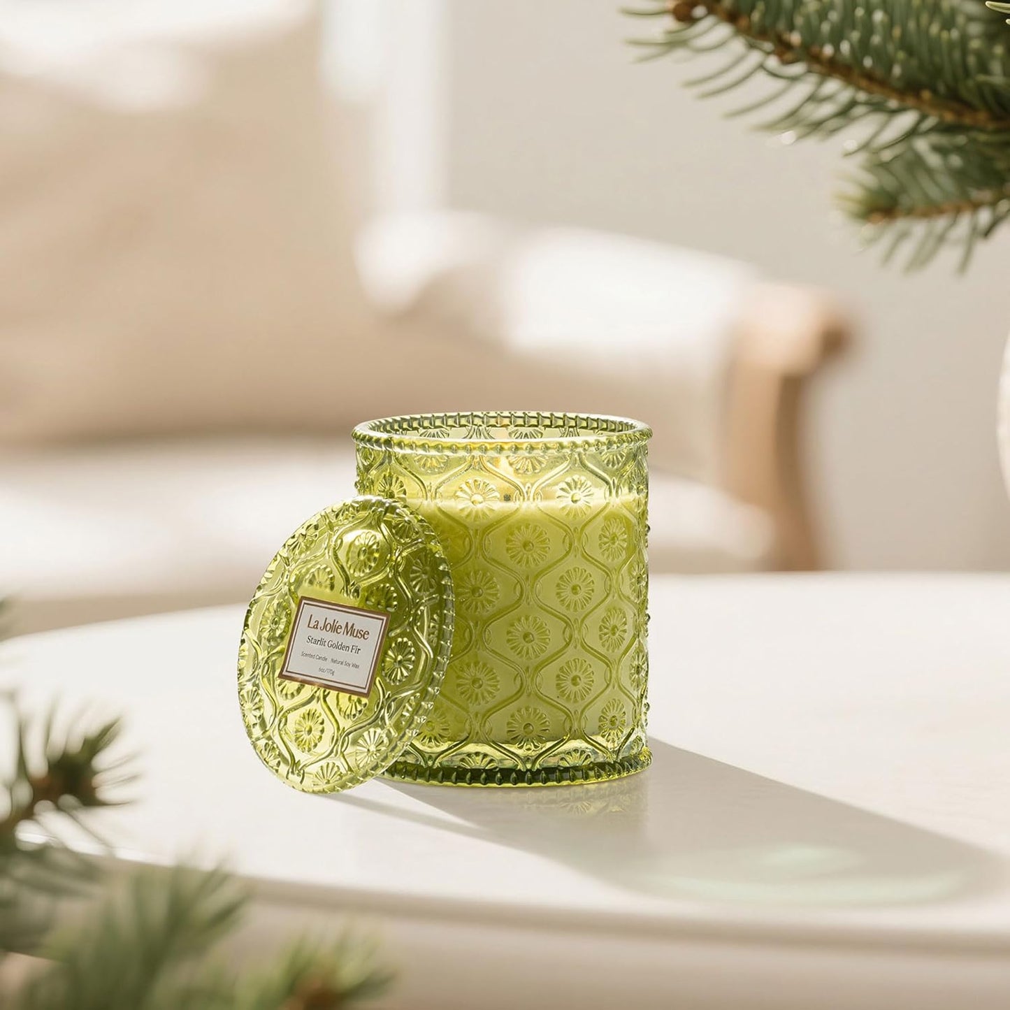 LA JOLIE MUSE Starlit Golden Fir Candle - Cedarwood, Patchouli, Fir Balsam | 6 oz Natural Soy Wax | 40 Hours Clean Burn | Balsam and Fir Candle | Gift-Ready for Hosts & Gatherings
