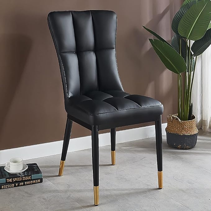 High-Back Faux Leather Dining Chairs Set of 2, Modern Sturdy Upholstered Accent Side Chair Deep Sponge Padded Seat with Metal Legs for Kitchen Dining Living Room Bedroom (Black)