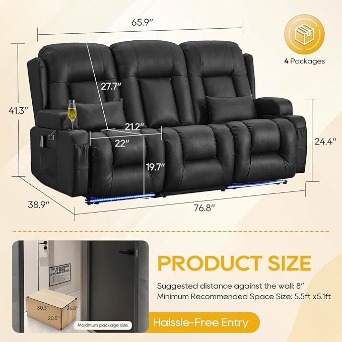 IPKIG 76.8" Power Reclining Sofa, Electric Home Theater Seating with Flipped Middle Backrest/LED Lighting/USB Ports/Built-in Outlets, Dual Recliner Sofa 3 Seater for Living Room RV (Black)