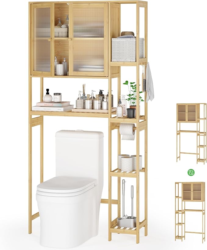 Over The Toilet Storage Cabinet Above Toilet Bathroom Organizer with Toilet Paper Holder Stand Bath Organizer with Adjustable Shelves & Acrylic Doors,Anti-Tip Device (Nature, 3 Tiers with Cabinet)
