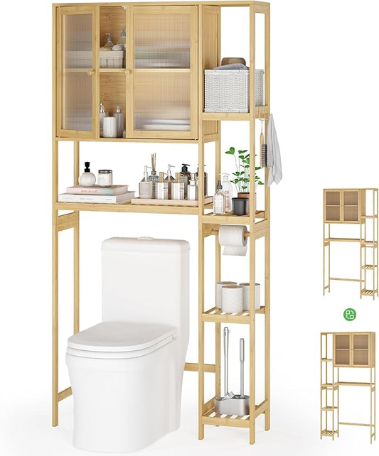 Over The Toilet Storage Cabinet Above Toilet Bathroom Organizer with Toilet Paper Holder Stand Bath Organizer with Adjustable Shelves & Acrylic Doors,Anti-Tip Device (Nature, 3 Tiers with Cabinet)