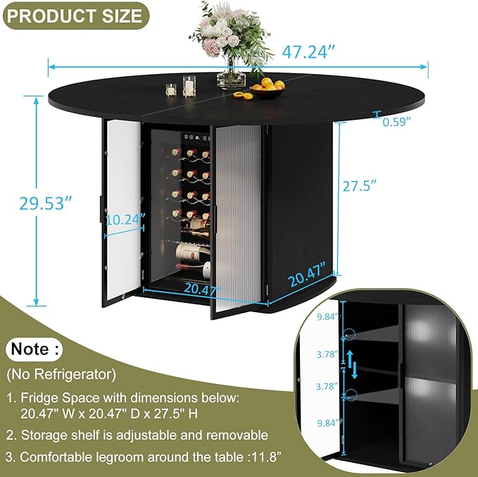 IBF Black Round Dining Table for 4-6, 47 Inch Kitchen Table with Fridge Space, Industrial Dining Room Tables with Storage Shelf, Wood Dinner Tables for Home Kitchen Living Room, Black Oak, Only Table