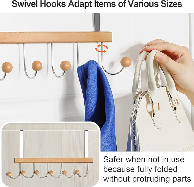 TOPIA HANGER Over The Door Hooks for Hanging, Towel Hooks Towel Racks for Bathroom, Coat Hooks Coat Rack Over The Door Organizer Hanging, Wooden Door Hangers for Coat Towel Hat Purse CT72N - 2 Pack