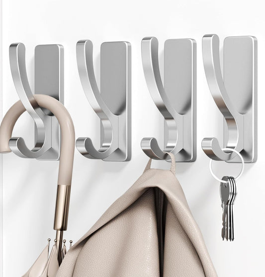 Adhesive Wall Hooks for Towels Coats - Stick On Hooks Hanging Heavy Duty (13lb), Metal Hook for Door, Bathroom, Dorm, Closet - Hanger for Purse, Bag, Robe,Backpack - No Damage to Wall - Silver 4 Pack