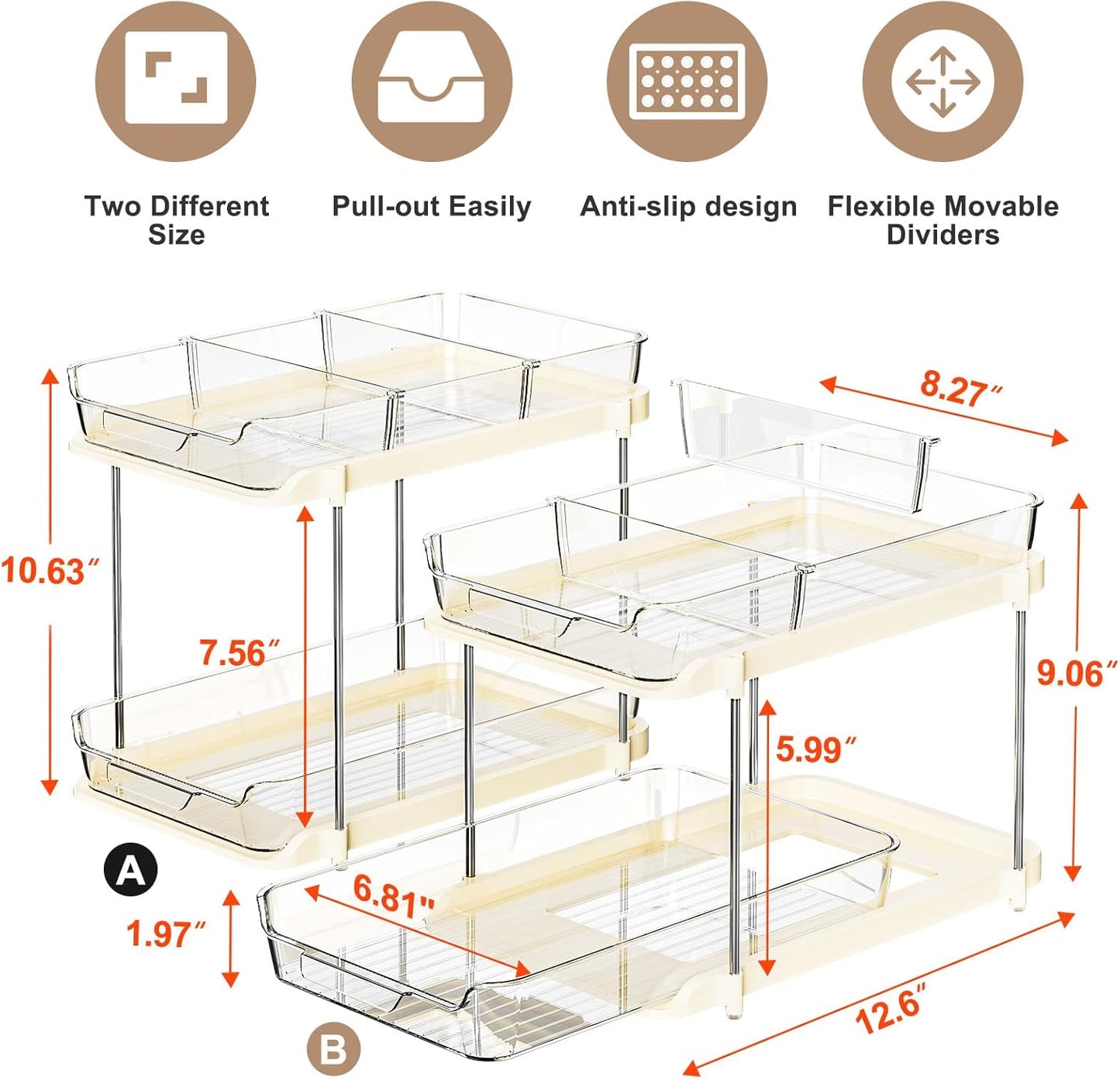 Delamu 2 Sets of 2-Tier Multi-Purpose Bathroom Under Sink Organizers and Storage, Stackable Kitchen Pantry Organization, Pull Out Medicine Cabinet Organizer with 8 Movable Dividers, Beige