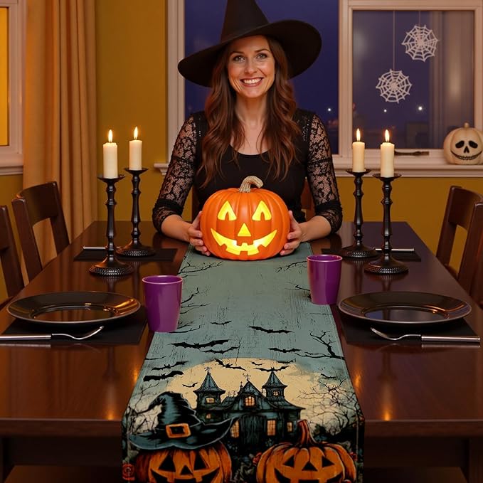 Halloween Table Runner with Haunted Castles, Bats & Pumpkins, Table Decoration for Dining Party and Home Decor,72x13 inches