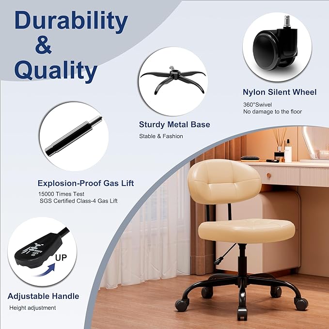 Misolant Vanity Chair with Back, Small Armless Cute Office Chair with Wheels and Lumbar Support, Comfy PU Leather Desk Computer Chairs with Adjustable Height, 360° Swivel for Home Bedroom, Khaki