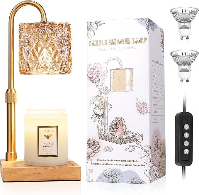 Hong-in Candle Warmer Lamp with Timer -Dimmable Adjustable Height,House Warming Gifts New Home,Vintage Home Decor with Elegant Amber Glass,Birthday Gifts for Women, Mom, Friend and Sister