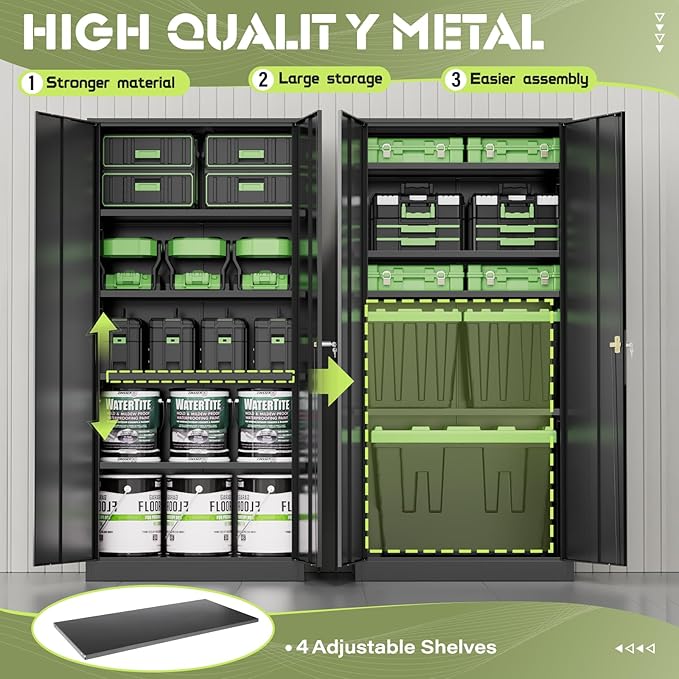 SUNCROWN 72" Metal Storage Cabinet - Heavy-Duty Metal Garage Cabinet with 4 Adjustable Shelves & 2 Doors for Tools, Office, Home, Workshop,Black