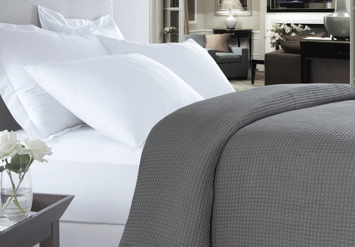 HILLFAIR 100% Combed Cotton Blanket– Twin XL Size Bed Blankets– Warm Soft All Season Breathable Lightweight Summer Blankets– Waffle Weave Home Decor Bed Blanket- Grey Bed Cotton Blankets/Bedcovers
