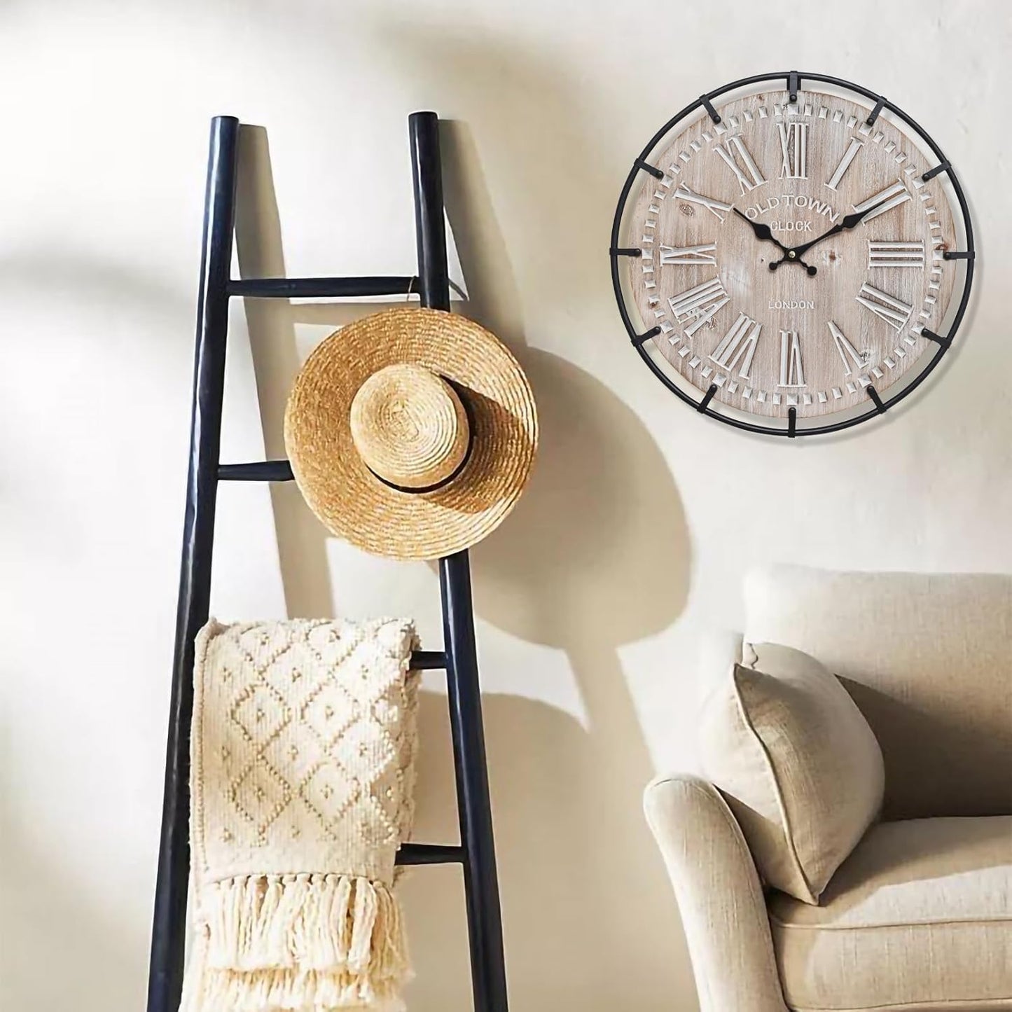 12 Inch Farmhouse Wall Clock Rustic Antique Wood with Metal Circle and Large Engraved Numerals, Silent Battery Operated Wall Clock for Office Kitchen Bedroom Living Room