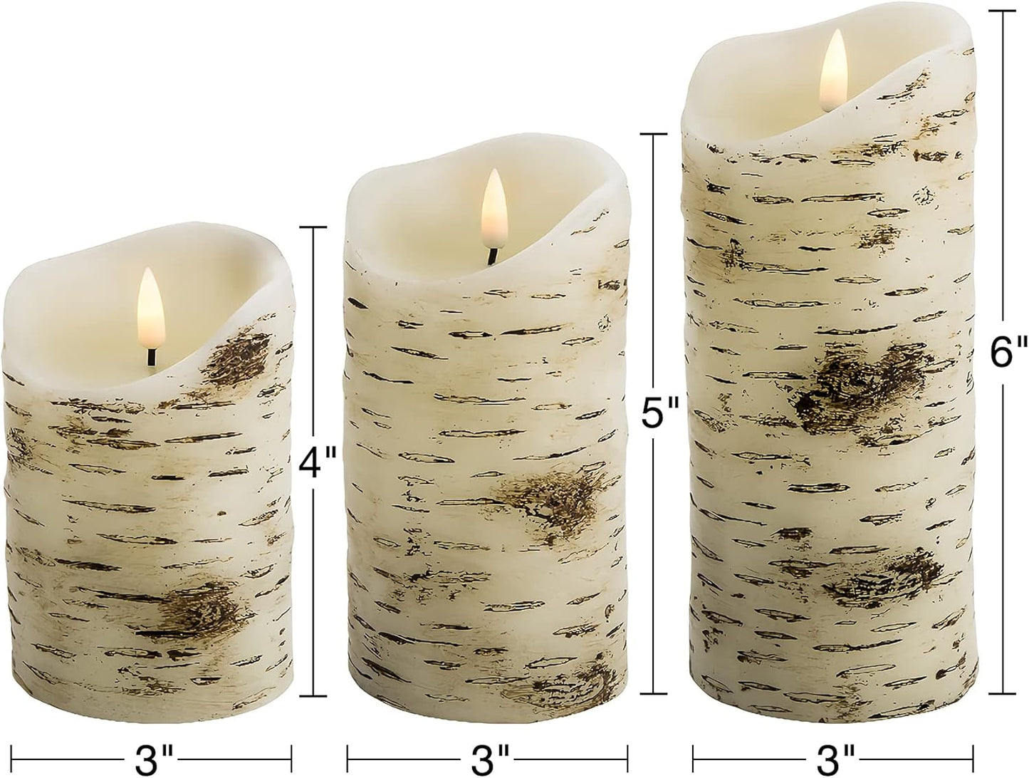 Eywamage Birch Bark Flameless Pillar Candles with Remote, Flickering Rustic Battery LED Wood Candles Set of 3