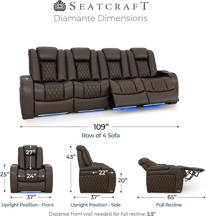 Seatcraft Diamante Zero-Gravity CoolZero Italian Leather Home Theater Seating, Power Headrest, Power Recline, Row of 4 Sofa, Brown