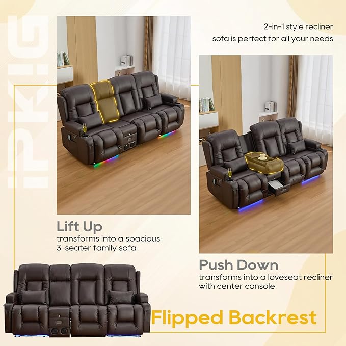 IPKIG 89" Power Reclining Loveseat Sofa, Electric Home Theater Seating with Console/4 Colors Ambient Lighting/Bluetooth Speakers/USB Ports/Built-in Outlets (Brown, 3-Seater with Console)