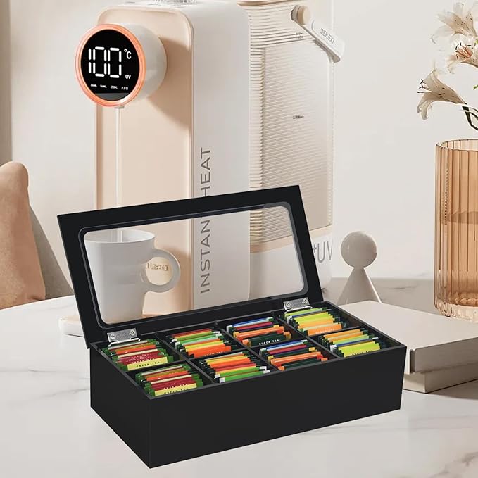 Tasybox Tea Bag Organizer, Acrylic Tea Box with Lid, Tea Packet Holder Storage Container for Home Decor