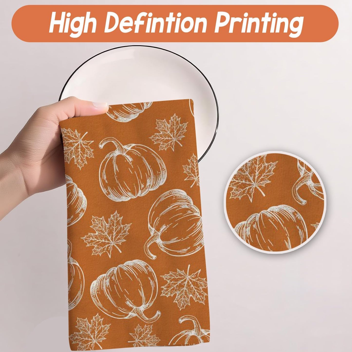 Fall Kitchen Towels Set of 2 Pumpkin Maple Leaves Hello Fall Autumn Kitchen Towels Farmhouse Home Thanksgiving Harvest Vintage Decorations, 18x26 Inch