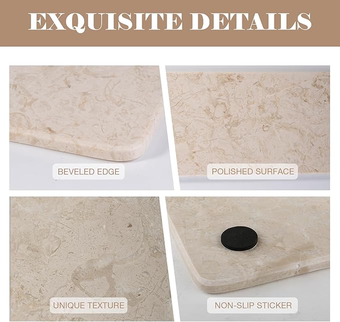 Natural Marble Tray, 12" x 6" Vanity Decorative Tray for Watch, Jewelry Holder, Perfume Organizer Candle Tray for Bedroom/Bathroom/Kitchen Countertop (Crema Beige)