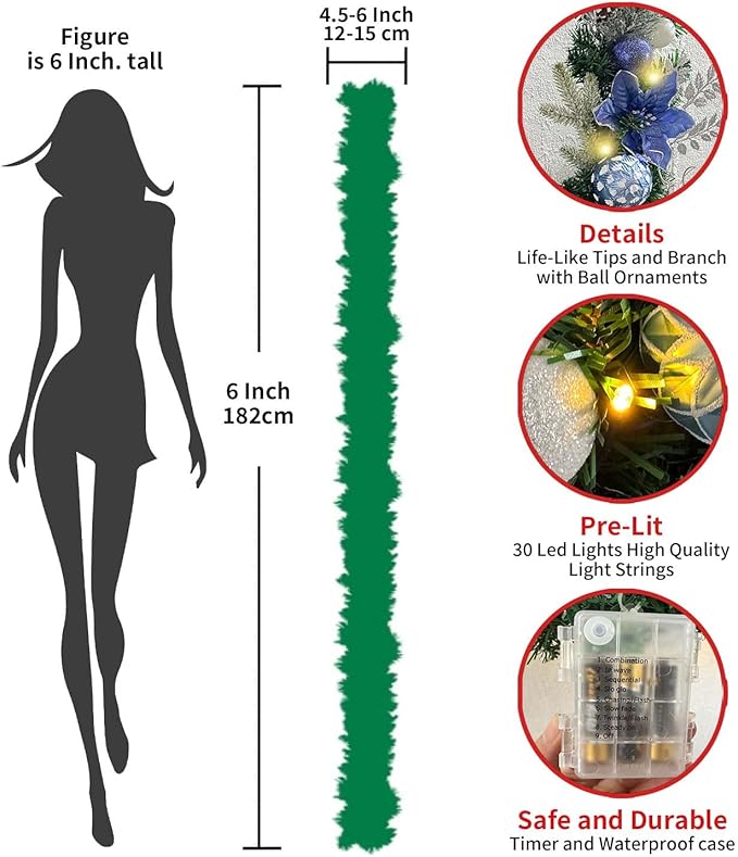 WANNA-CUL Pre-Lit 6 ft Silver Blue Christmas Garland Decor with Lights for Front Door Lighted Christmas Mantel Garland Decoration