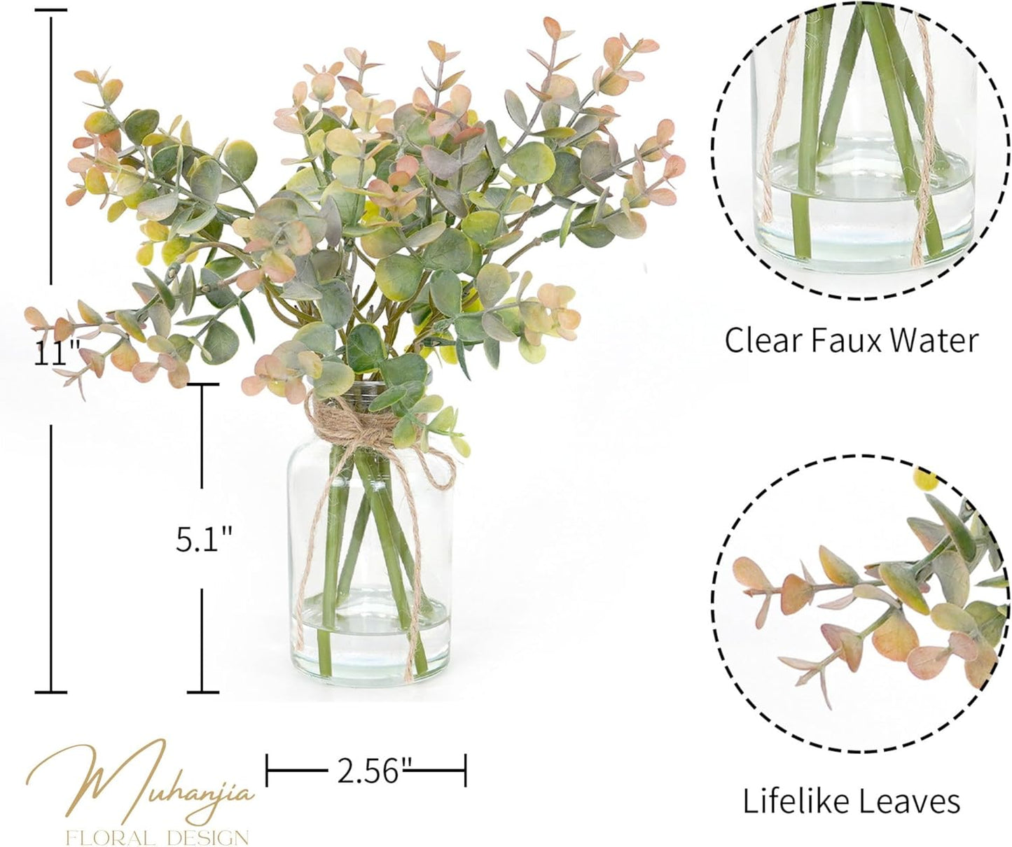 Artificial Eucalyptus Stems in Glass Vase with Faux Water,6Pcs Grey-Orange Fake Plant for Centerpiece (Grey-Orange Eucalyptus)