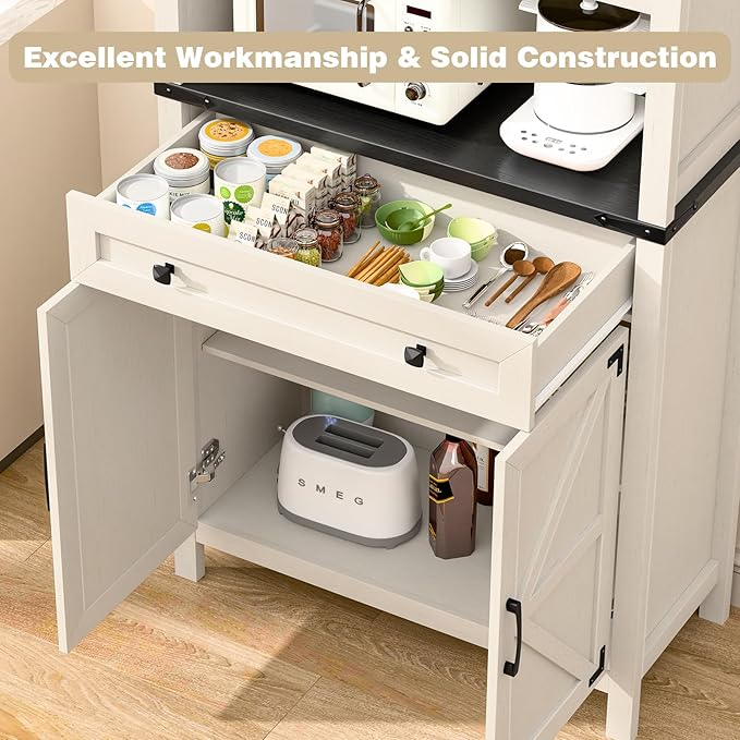 72" H Tall Farmhouse Storage Cabinet with Drawer, 6 Tier Kitchen Pantry Organize with 4 Barn Door and Adjustable Shelf, Microwave Stand for Kitchen, Garage, Living, Utility Room, Black