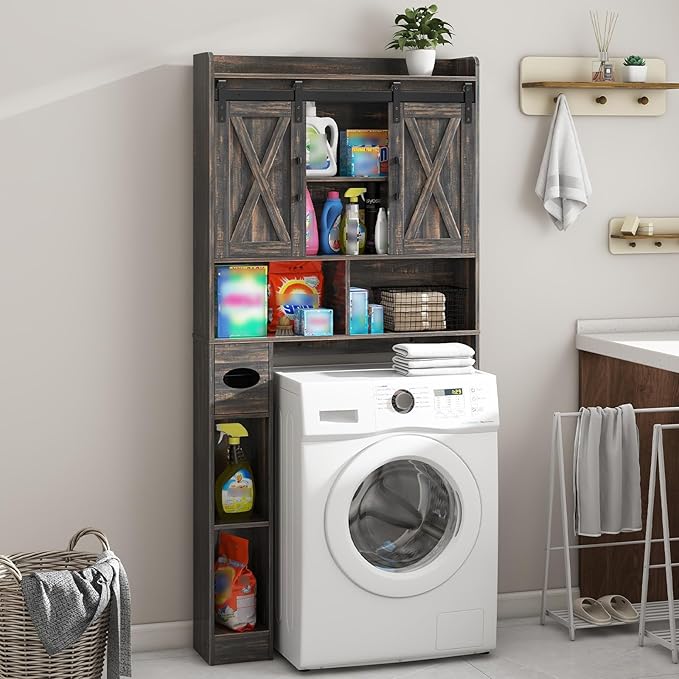 Over The Toilet Storage Cabinet, Farmhouse Storage Cabinet Over Toilet with Sliding Door& Toilet Paper Holder Stand，Home Space-Saving Toilet Rack, for Bathroom, Laundry and Restroom