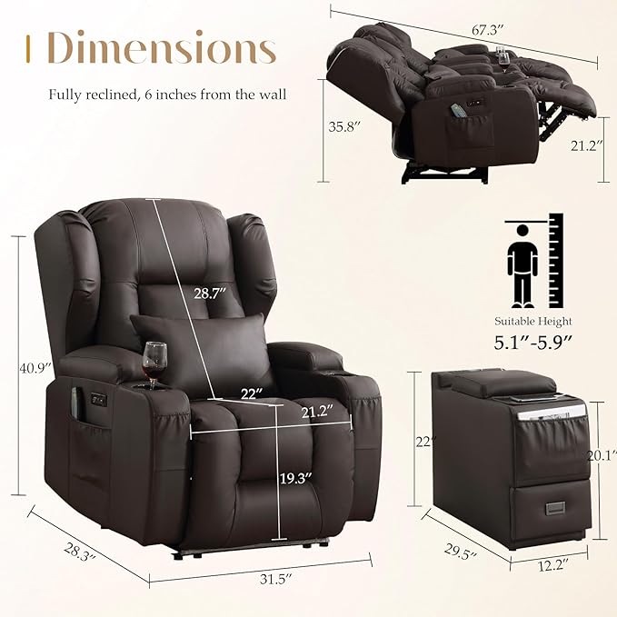 Wall Hugger Power Recliner Chair, Home Theater Seating Electric Recliing Sofa with Massage & Heat, Cup Holder, USB Port, LED Ambient Light, Storage for Living Room (Brown, 2 Chairs)