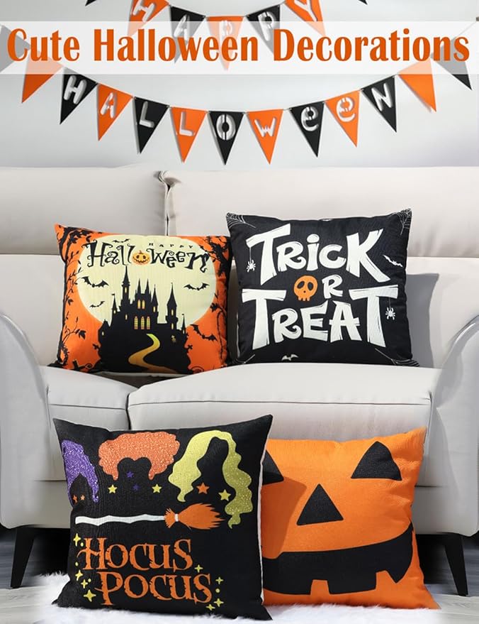 Halloween Decorations Set Of 4 Double-Sided Print Pillow Covers 18" x 18", with 8 Cute Halloween Decor Patterns, Elegant Invisible Zipper, Soft Linen Throw Pillow Covers for Outdoor & Indoor Use