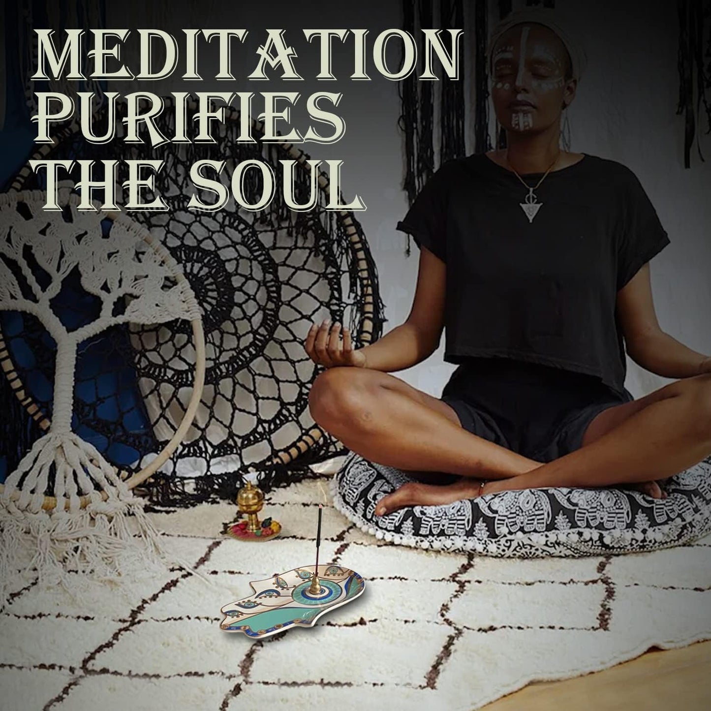 Ceramic Hamsa Hand Incense Holder - 2 in 1 Brass Incense Holder for Sticks and Coil Incense- Zen Decor with Hand of Fatima Design Protection from Evil - 6.2" L X 4.5" W (Blue)