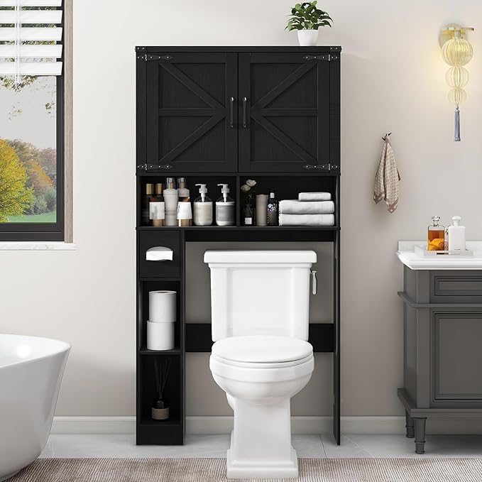 Over The Toilet Storage Cabinet, Farmhouse Storage Cabinet Over Toilet with 2 Barn Doors && Toilet Paper Holder Stand，Home Space-Saving Toilet Rack, for Laundry, Restroom, Bathroom.Pure Black