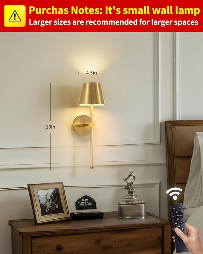 KDG Wireless Wall Sconces Set of 2, Small Cordless 5200mAh Rechargeable Battery LED Wall Lamps, Stepless Dimming Lightings for Wall Painting, Living Room, Bedroom, Hallway, Gifts, Night Light (Gold)