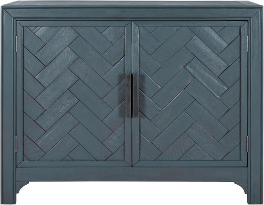 HMFULE 40" Sideboard Cabinet 2-Doors Solid Wood, Retro Buffet Cabinet with Storage Adjustable Shelf, Console Table Accent for Hallway, Living Room, Dining Room, Kitchen, Entry Way (Antique Blue)