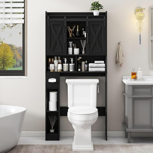 Over The Toilet Storage Cabinet, Farmhouse Storage Cabinet Over Toilet with Sliding Doors & Toilet Paper Holder Stand，Home Space-Saving Toilet Rack, for Bathroom, Laundry and Restroom.Black