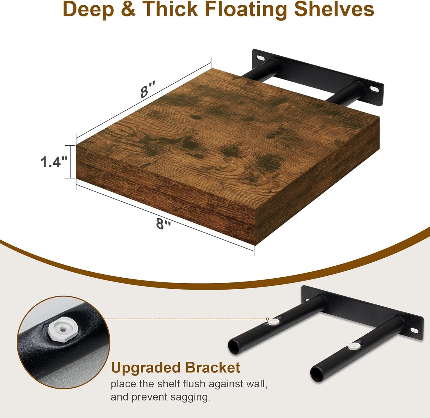 Fun Memories Floating Shelves, 8 Inch Deep Floating Shelves for Wall, 8 x 8 Wall Shelves, Rustic Wood Floating Shelf for Living Room, Bedroom, Bathroom, Rustic Brown Color, Set of 2