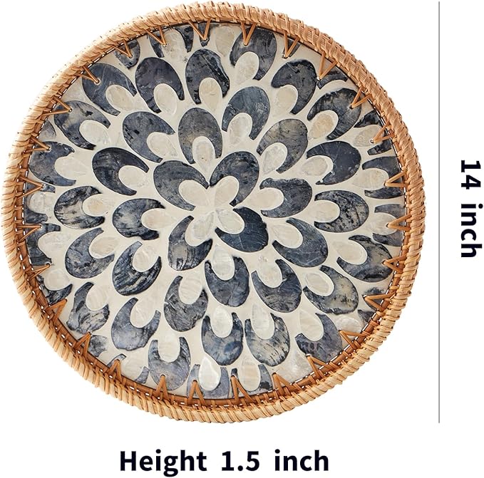 Round Rattan Tray with Mother of Pearl Inlay, Rattan Serving Tray with Wooden Base, Decorative Wicker Basket for Table Decor, Storage and Display of Coffee Bread Food Fruit (Plume 13.5")