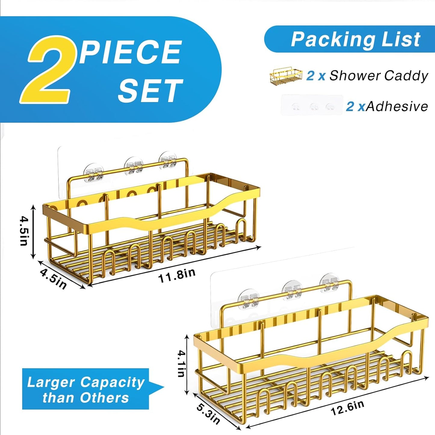 Shower Caddy 2 Pack, Adhesive Organizer for Bathroom Storage, Home Decor & Kitchen, No Drilling, Rustproof Stainless Steel Shelf, Bathroom Decor Sets